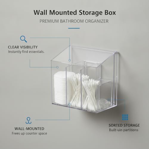 Easy-Access Wall Mount Organizer with Dividers, Clear PET Bathroom Canister for Cotton Pads and Cotton Swabs, Space-Saving Vanity Storage Box (1 Pack)
