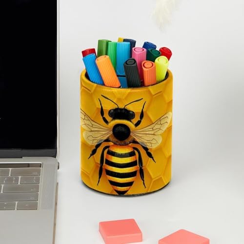 Faux Leather Pen Holder for Desk, Pencil Organizer Bee Pen Cup Desk Decor Makeup Brush Holder Storage for Office Home