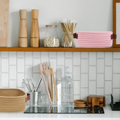 ABenkle Small Storage Basket, Mini Baskets, Cute Rope Woven Baskets for Organizing, Square Shelf Storage with Handle, Boho Decorative Toy Bin for Nursery, Spa, Empty Gift Basket - XS, Pink
