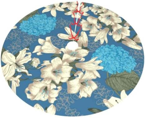 Christmas Tree Skirt, Soft Polyester Xmas Tree Skirts with Ribbon Ties, Rustic Farmhouse Holiday Party Decorations Illustration of Hydrangea and Lilies 48"