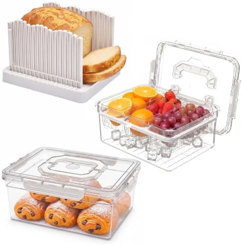 VECELO Bread Box with Slicer & Ice‑Chilled Condiment Caddy, Portable Airtight Bread Storage Container with Lid & Handle for Kitchen Counter, White Cookies,White