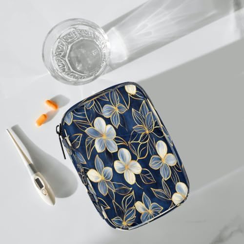Pill Organizer Box Flowers Blue Background 7-Day Weekly Medicine Pill Case Travel Pill Container Portable Pill Holder Storage Purse Bag Small Compact Size for Vitamin Supplement Birth Control