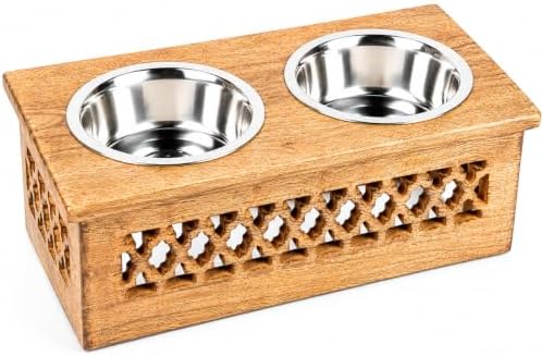 Wooden Elevated Pet Feeder Station with 2 Stainless Steel Bowls | Raised Dog & Cat Feeding Stand | Food & Water Bowl Holder for Cats, Puppies | Wooden Pet Dining Table | 16 x 8.5 x 5 Inches