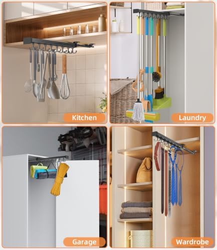 Pull Out Broom Holder With Adjustable Double Row Sliding Hook-Grey 18IN | Multifunctional Slide Broom And Mop Storage/Organizer Garage Organization Hooks, for Closet Laundry Garage Kitchen