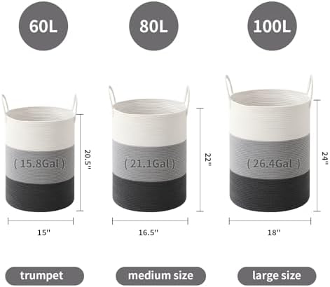 Laundry Basket Hamper Tall Rope Storage Woven for Blanket toys Dirty Clothes in Living Room Bathroom Bedroom (Gradient Grey, 60L/15.8Gal)