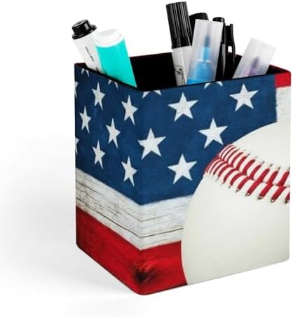 Women's Pen Cup Pencil Holder Makeup Brush Storage Baseball Rustic Wooden American Flag Leather Desk Organizer