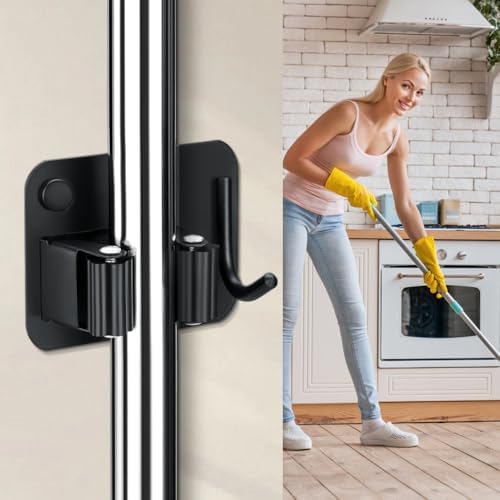 JAMEND CLXP 4-Pack Broom Holder with Heavy Duty Hooks, Upgraded Stainless Steel Mop Hanger. Wall Mount Utility Tool Rack for Kitchen Garden Laundry Garage. Matte Black.