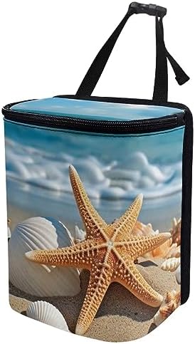 DISNIMO Beach Starfish Sea Shell Car Trash Can with Lid Cute Car Accessories Leak Proof Car Trash Bag Hanging Car Garbage Can Multipurpose Storage Container for Back Seat Road Trip