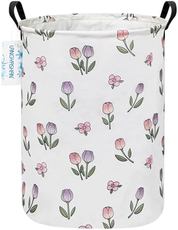 Round Laundry Basket Collapsible Storage Hamper Organizer Romantic Tulip | Waterproof Canvas Foldable Baskets with sturdy Handles Multi-scene Organizer for Home Play Bedroom Gift Bin