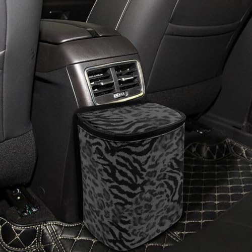 Black Leopard Car Trash Can, Waterproof Car Garbage Can with Lid and Zip Clouse, Leak Proof Portable Car Trash Bag Hanging Vehicle Organizer