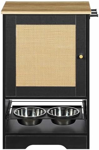 Modern Pet Feeding Station with Storage Cabinet: Elevated Dog Bowls, Hidden Storage, and Side Hooks for Stylish Home Organization, Black