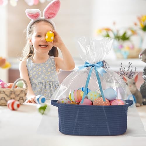 Cute Blue Woven Basket, Empty Gift Basket for Christmas, Thanksgiving, Easter, Birthday, Cotton Rope Storage Bin with Handle for Gift, Dog Toy Box, Baby Nursery Organizer, Dark Blue Decor