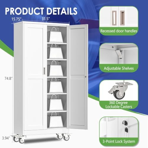 75" Metal Garage Storage Cabinet with Wheels and Locking Doors and Tall Rolling Steel Tool Cabinet with 5 Adjustable Shelves for Garage,Home,Office,Shop (White, 75''H x 32''W x16''D)