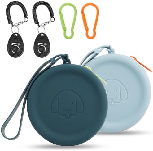 WALLFID Silicone Dog Treat Pouch, 2PCS Pet Walking Bag, Pocket Size, Easy to Clean, Odorless, Zipper Design, Moisture-proof, Portable Training Bag (Lake Blue & Green, 3.55 x 3.55 x 1.18 inches)