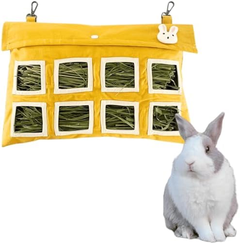 Rabbit Hay Feeder Bag with Cute Pendant, Storage Guinea Pig Feeder Rack Bag, Large Capacity Cotton Canvas Hanging Bag for Bunnies Chinchillas Guinea Pigs (Yellow,XL)