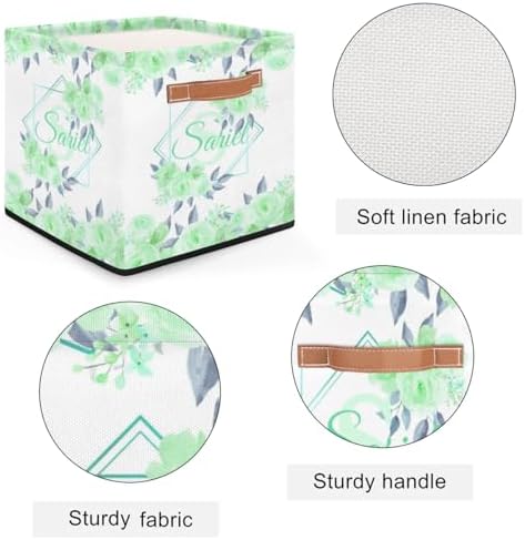 Personalized Storage Baskets for Organizing, Foldable Storage Bins with Handles Custom Cute Basket for Boys, Girls, Pet, Clothes, Blanket, Bedroom Nursery Toy Storage Gift,13 x13 x13 In, Green Flower