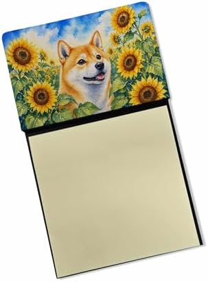 Caroline's Treasures Shiba Inu in Sunflowers Watercolor Sticky Note Holder Refillable Dispenser Desk Accessory 3x3 Pad Gift