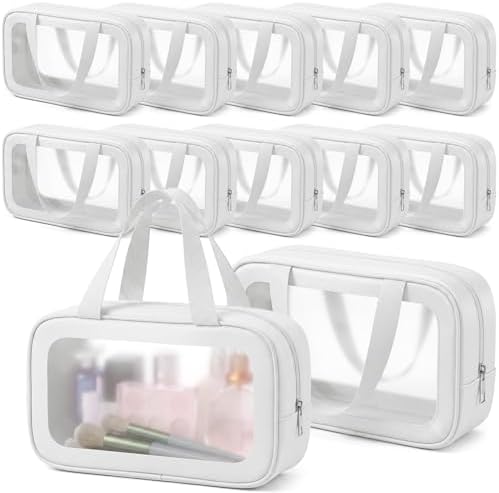 Abbylike 12 Pcs Clear Toiletry Bags with Handle for Women and Men, Matte Translucent Waterproof Cosmetic Bags with Zipper for Travel Toiletries Wash Shower Accessories Bachelorette Bridal Party(White)