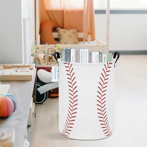 Round Laundry Basket Collapsible Storage Hamper Organizer Red Baseball | Waterproof Canvas Foldable Baskets with sturdy Handles Multi-scene Organizer for Home Play Bedroom Gift Bin