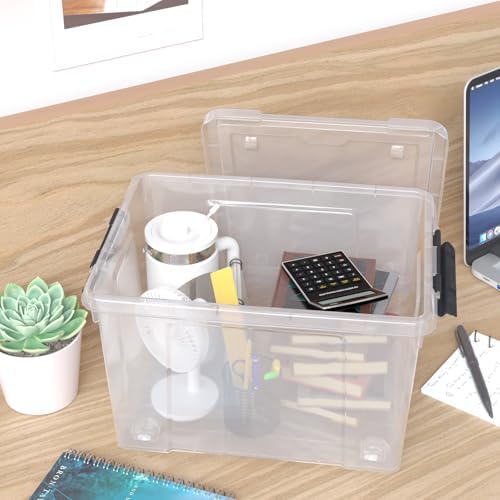 32 Quart Clear Plastic Latch Storage Bins with Wheels, 4 Pack