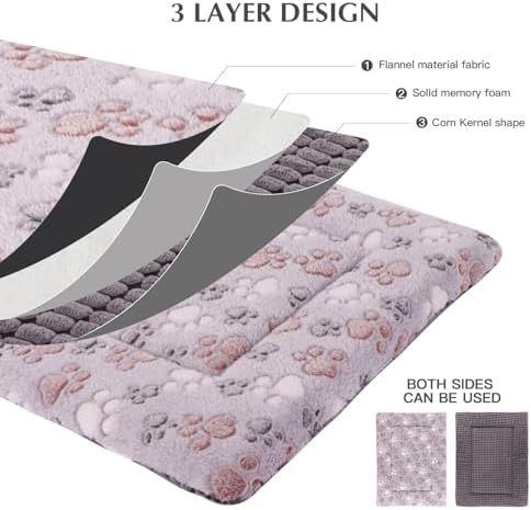 BVAGSS Reversible Dog Crate Pad, Memory Foam Pet Bed Mat, Soft Warm Machine Washable Sleeping Kennel Mattress for Small Medium Dogs XH079 (24''x18''x1.6'',Grey Paw)