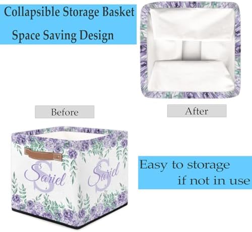Customized Storage-Basket Collapsible Baby Keepsake-Box Flower Purple Organizer-Bins as Gifts for Girls Boys Baby Adults Cubes Storage-Box Print Name on It