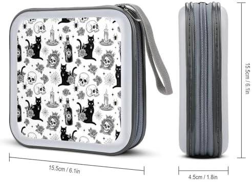 Portable Protective CD Holder Rose Skull Goth Black Cat, 40-Disc Hard Case with Zipper, Storage Binder for Music Movies Game Collections