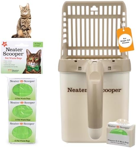 Neater Pet Brands Neater Scooper Standard Cat Litter Scoop, 60 Refill Bags – Mess-Free Cat Litter Scooper with Bag, Spill-Proof Kitty Box Sifter, Bin Doubles as Scoop Holder, For Single-Cat Households