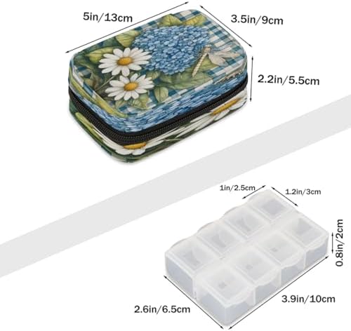 Pill Organizer Box Flowers Blue Plaid Dragonfly 7-Day Weekly Medicine Pill Case Travel Pill Container Portable Pill Holder Storage Purse Bag Small Compact Size for Vitamin Supplement Birth Control