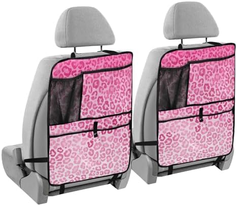 2 Pack Back Seat Car Organizer with Storage Pockets Kick Mats Back Seat Protector Hanging Car Organizer Automotive Seat Back Cover Organizers Gradient Pink Leopard Print