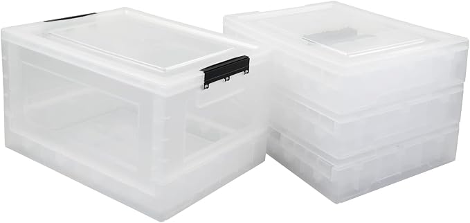 4-Pack 32 Quart Clear Collapsible Storage Bins with Lid | Clear Stackable Plastic Organizer Boxes, Foldable for Closet, Pantry, Dorm Storage