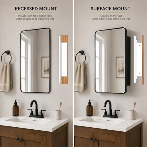 Plastic Black Medicine Cabinet 16x28 Beveled Mirror, Recessed/Surface Mount | Black Round-Corner Metal-Framed Beveled Mirror Door with Reversible Opening; Pre-Assembled for Recessed Or Surface Mounting