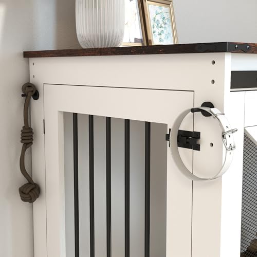 47.2" Mobile Dog Crate with Flip-Top Feeding Door, Dual-Access & 5 Casters, Removable Divider, Side Hooks - Brown White Pet Kennel Furniture