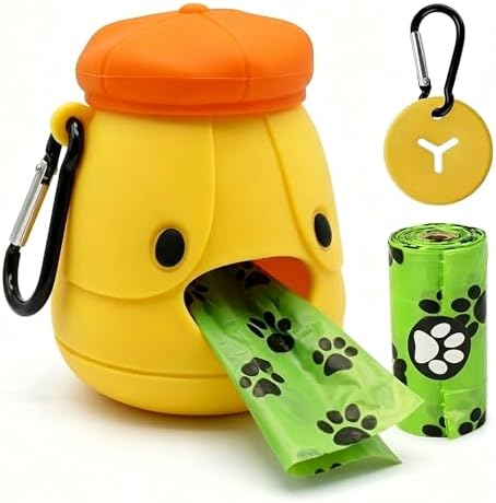 Dog Poop Bag Holder with Hands-Free Used Bag Clip & 1 Roll Bags | Cute silicone design with leash attachment and hands-free clip, making dog walking cleaner and more convenient outdoors