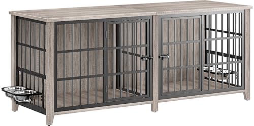 YaFiti 78.84" Dog Crate Furniture for 2 Dogs, Double Wooden Dog Kennel,Grey | Feeder, Divider, Double Doors, for Large Dogs, Up to 100 lb, Heavy Duty , TV Stand, Side End Table, Decorative Pet Cage
