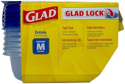 Glad GladWare Entree Food Storage Containers, Medium Square, 25 Oz, 5 Count | Lock-tight seal for meal prep and lunches; microwave and dishwasher safe