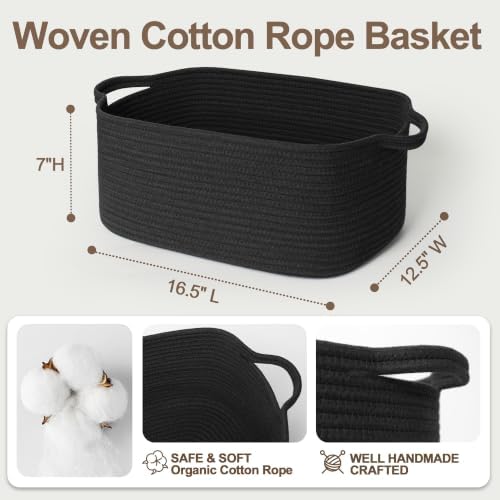 Large Black Basket for Gifts, 16.5" x 12.5" x 7" Big Woven Gift Baskets Empty, Cotton Rope Bin for Clothes, Towels, Cute Kids Dog Toy Storage Bin Box, Decorative Wicker Shelf Closet Organizer