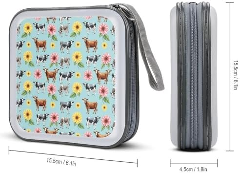 Protective 40-Disc CD/DVD Wallet Cow Flowers Print, Hard Plastic Storage Binder with Handle, Portable Organizer for Car Office Travel