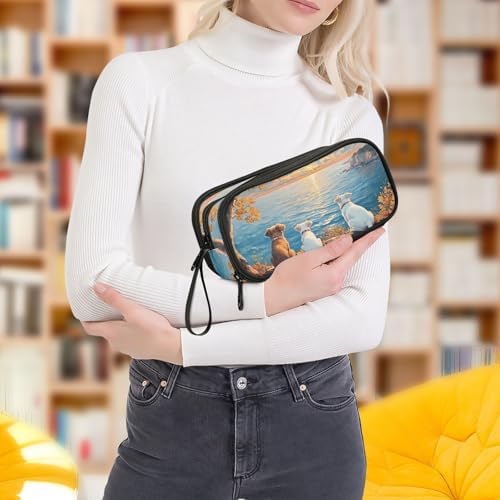 Pet Dogs Sunset Painting Pencil Case Large Capacity Pen Bag School Office Stationery Organizer Zipper Pencil Pouch for Teen Girls Boys Adult