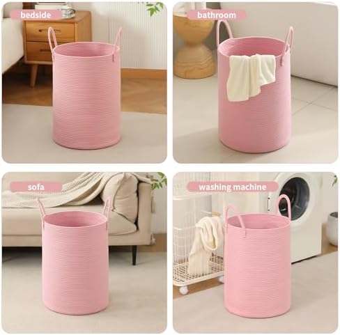 Laundry Basket Hamper Tall Rope Storage Woven for Blanket toys Dirty Clothes in Living Room Bathroom Bedroom (Pink, 60L/15.8Gal)