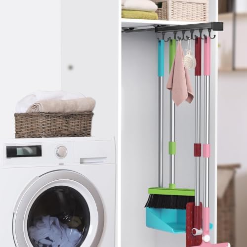 Pull Out Broom Holder With Adjustable Double Row Sliding Hook-Grey 14.2IN | Multifunctional Slide Broom And Mop Storage/Organizer Garage Organization Hooks, for Closet Laundry Garage Kitchen