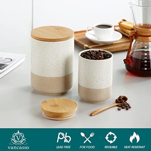 vancasso Sabine Ceramic Canister with Airtight Wood Lid - 36 oz Kitchen Storage Container for Coffee, Tea, Sugar, Nuts & Spices - Medium Countertop Jar
