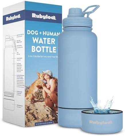 Rubyloo Original Doggy Bag (Pink) & 32oz Insulated Water Bottle with Attached 8oz Bowl (Solid Dusty Blue) – Dog Travel Bag & Hydration Set