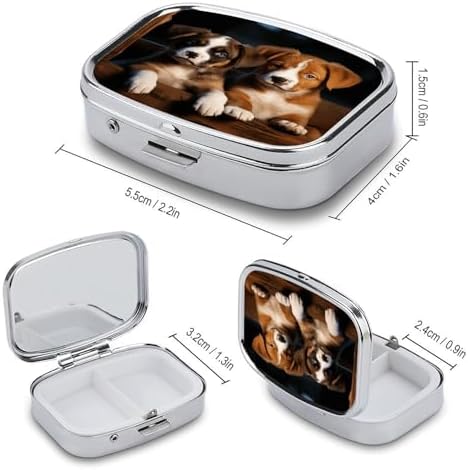 Puppies Dogs Pets Animals Metal Pill Box with Mirror 2-Compartment Waterproof Small Pill Case for Purse Pocket Portable Travel Pill Organizer Container to Hold Supplements Vitamins