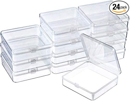 SATINIOR 24 Packs Small Clear Plastic Beads Storage Containers Box with Hinged Lid for Storage of Small Items, Crafts, Jewelry, Hardware(3.7 x 3.7 x 1.2 in)