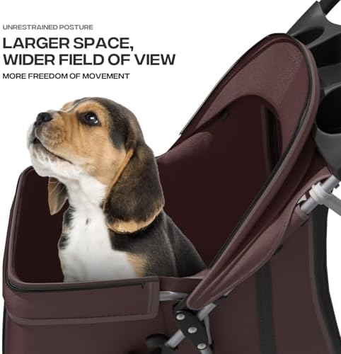Foldable 3-Wheel Pet Stroller for Small/Medium Dogs & Cats, Coffee | Storage Basket & Cup Holder, Breathable Mesh Cover, Lightweight and Durable, for Small to Medium Pets, up to 33 lbs