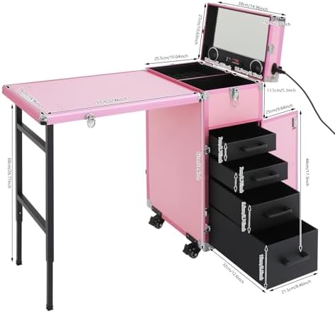 Professional Cosmetic Trolley Storage Organizer, Foldable Nail Tables w/ 4 Drawers Mirror&Speaker for Hair Stylists Pet Groomers Makeup Artists Technician Workstation Salon