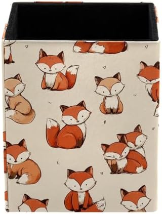 Cute Fox Pen Holder for Desk Decor, Rectangular PVC Leather Pencil Cup for Desk Pen Organizer, Makeup Brush Holder for School, Home, Office