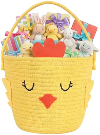 Small Woven Storage Basket with Handle, Cute Cartoon Chick Baskets for Gift Empty, Cotton Rope Storage Basket for Toy Organizer