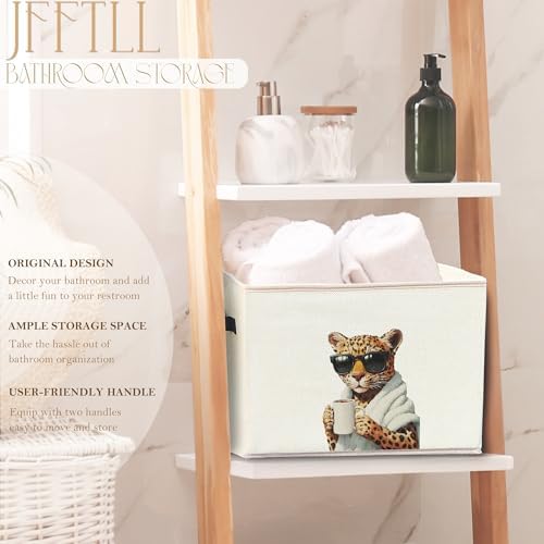 Funny Leopard Bathroom Storage Bins Box, Leopard Bathroom Decor, Trendy Cheetah Storage Basket Laundry Hamper with Handle for Bath Room Clothes Vanity Undersink Home Organization